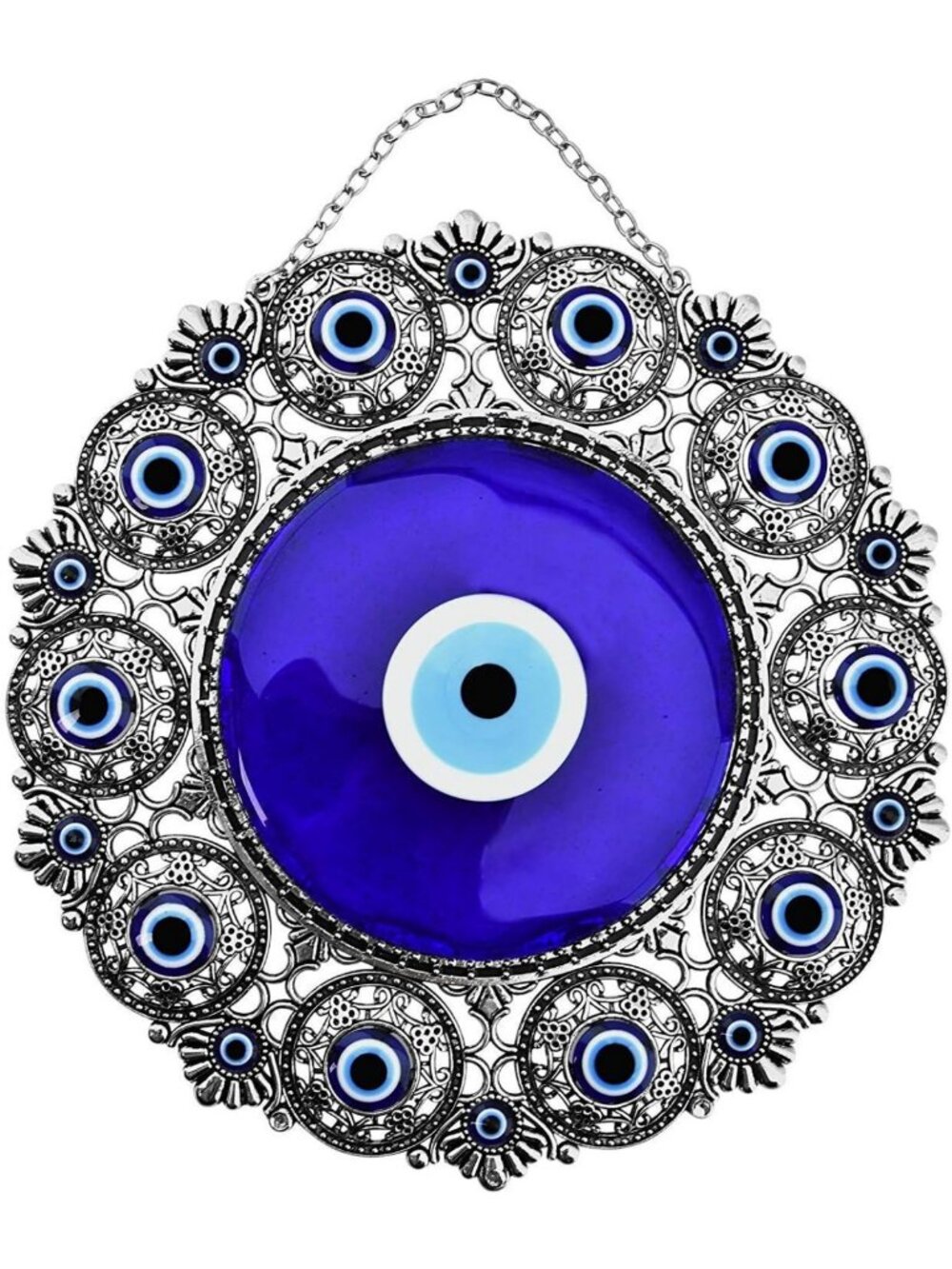 Large Blue Turkish Glass Evil Eye Wall Hanging - Metal Home Decor Amulet Gift